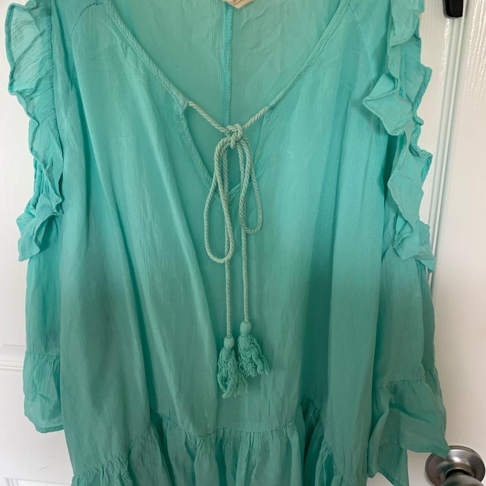 Mint green cold shoulder top.